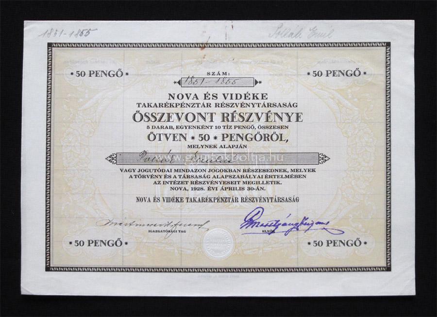 Nova és Vidéke Takarékpénztár részvény 5x10 pengõ 1928